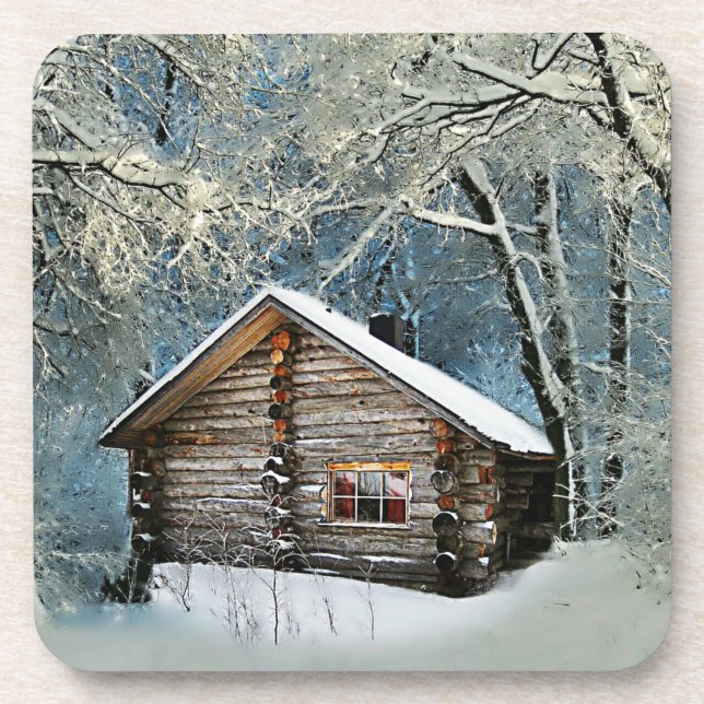 Rustic Log Cabin Winter Magic Beverage Coaster (Front)
