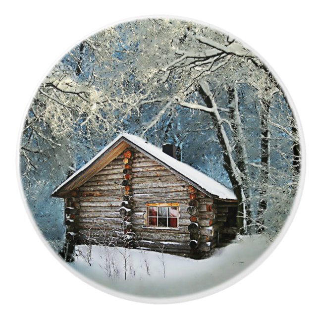 Rustic Log Cabin Winter Magic Ceramic Knob (Front)
