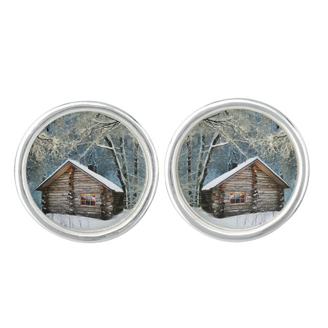 Rustic Log Cabin Winter Magic Cufflinks (Front)