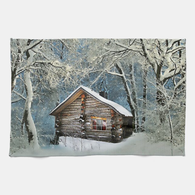 Rustic Log Cabin Winter Magic Kitchen Towel (Horizontal)