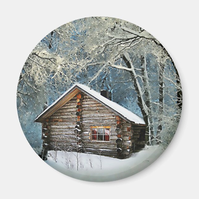 Rustic Log Cabin Winter Magic Magnet (Front)