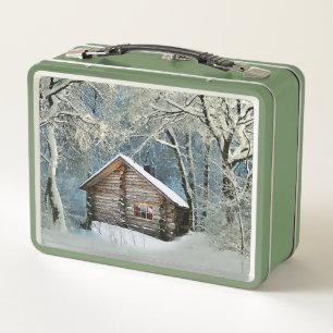 Rustic Log Cabin Winter Magic Metal Lunch Box