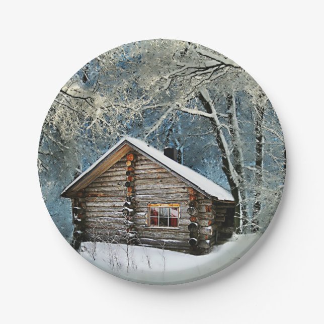 Rustic Log Cabin Winter Magic Paper Plates (Front)