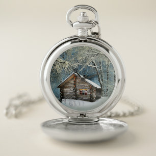 Rustic Log Cabin Winter Magic Pocket Watch