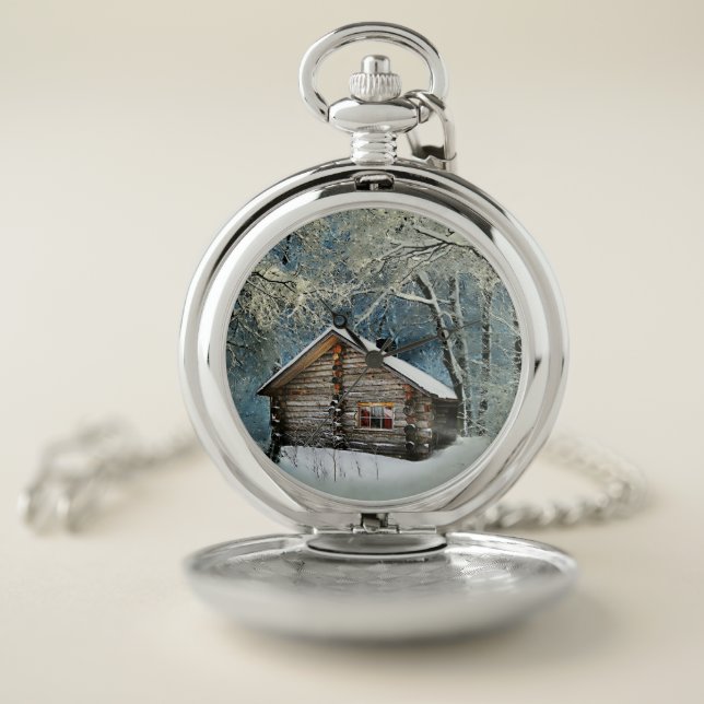 Rustic Log Cabin Winter Magic Pocket Watch (Inside)