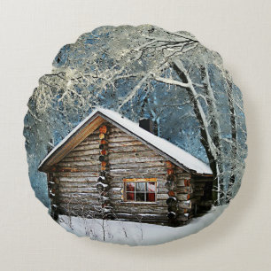 Rustic Log Cabin Winter Magic Round Pillow