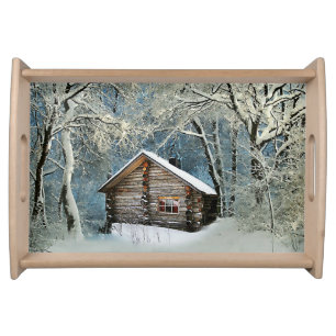 Rustic Log Cabin Winter Magic Serving Tray