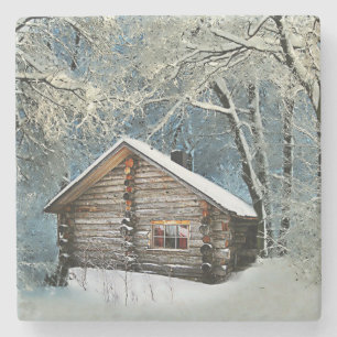 Rustic Log Cabin Winter Magic Stone Coaster