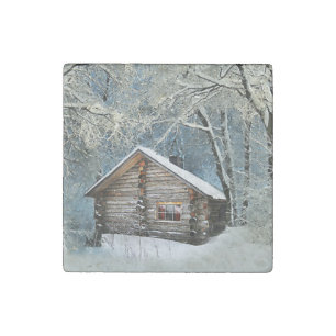 Rustic Log Cabin Winter Magic Stone Magnet