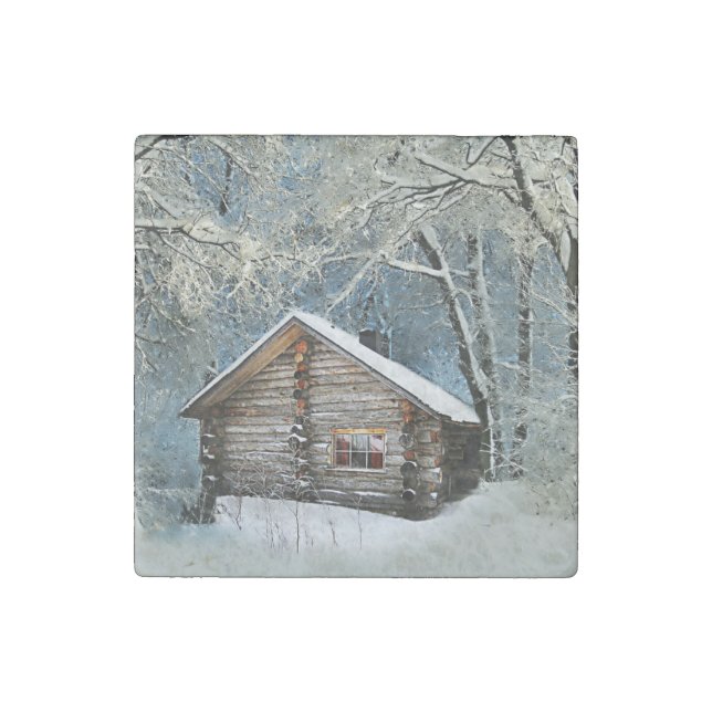 Rustic Log Cabin Winter Magic Stone Magnet (Front)