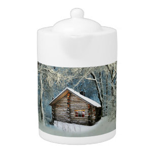 Rustic Log Cabin Winter Magic Teapot