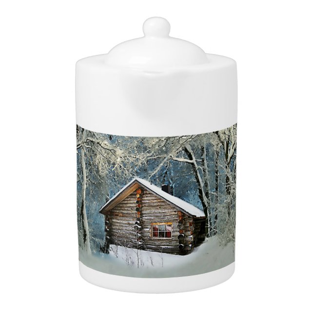 Rustic Log Cabin Winter Magic Teapot (Front)