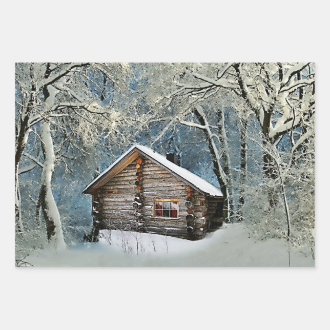 Rustic Log Cabin Winter Magic Wrapping Paper Sheets (Front)