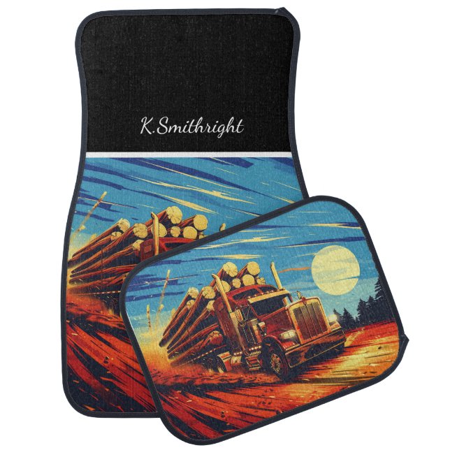 Rustic Log Truck Speeding Sunset Car Floor Mat (Set)