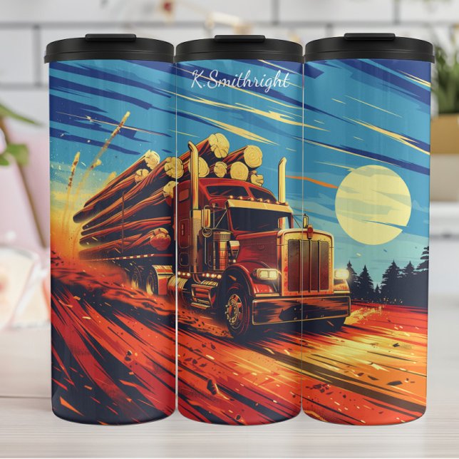 Rustic Log Truck Speeding Sunset Thermal Tumbler (Creator Uploaded)