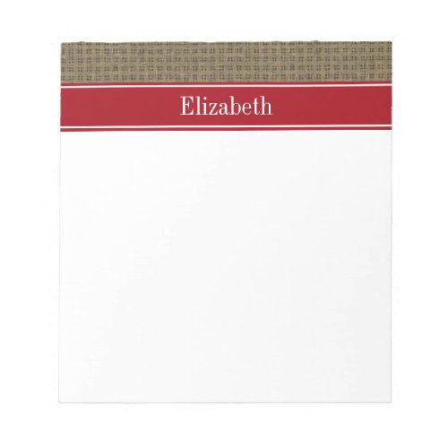 Rustic Look Burlap 2 Cranberry Red Name Monogram Notepad