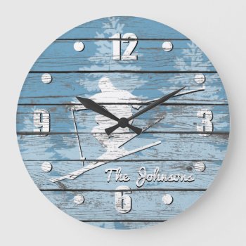 Rustic Look Downhill Ski Your Text Large Clock by WRAPPED_TOO_TIGHT at Zazzle