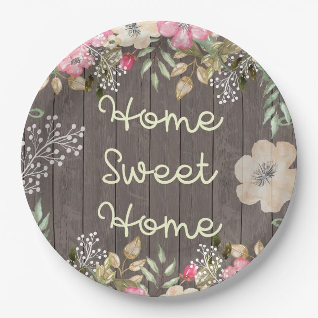 Rustic Look Home Sweet Home Floral Wood Paper Plates (Front)