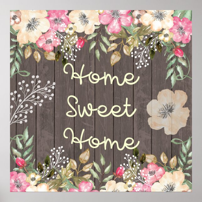 Rustic Look Home Sweet Home Floral Wood Poster (Front)