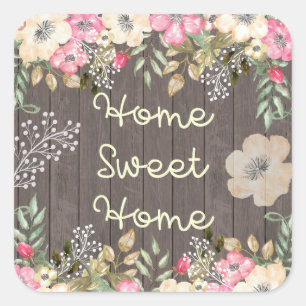 Rustic Look Home Sweet Home Floral Wood Square Sticker