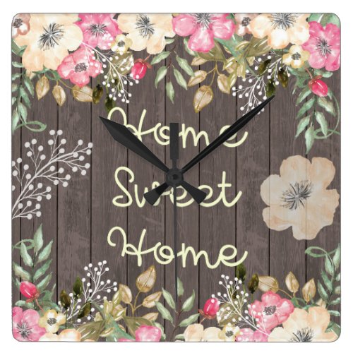 Rustic Look Home Sweet Home Floral Wood Square Wall Clock