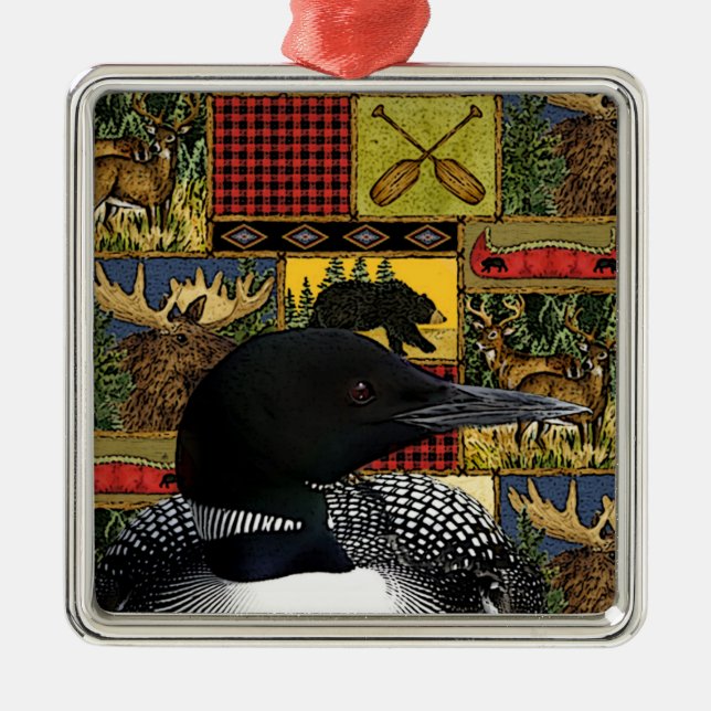 Rustic Loon Northwoods Cabin Metal Ornament (Front)