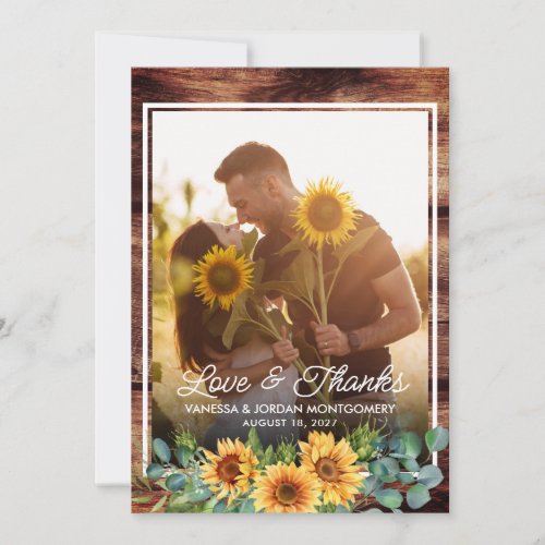 Rustic Love and Thanks Sunflower Wedding Photo Thank You Card