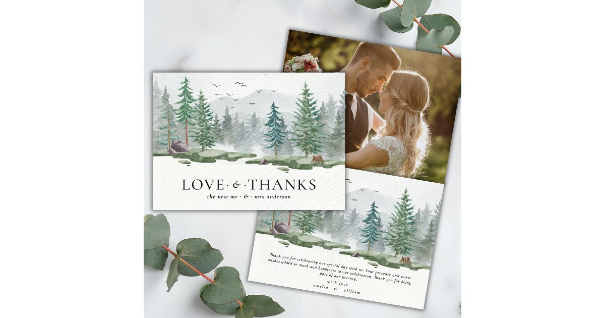 Rustic Love and Thanks Watercolor Forest Mountain Thank You Card | Zazzle