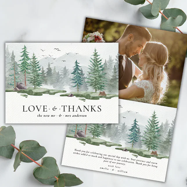 Rustic Love and Thanks Watercolor Forest Mountain Thank You Card | Zazzle