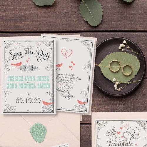 Rustic Love Bird Hearts Mint Coral Save the Date