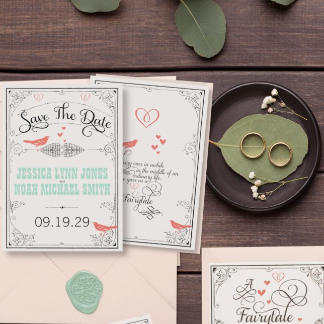 Rustic Love Bird Hearts Mint Coral Save the Date (Creator Uploaded)