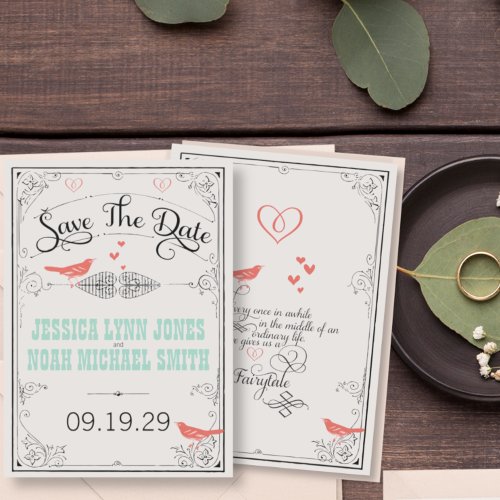 Rustic Love Bird Hearts Mint Coral Save the Date