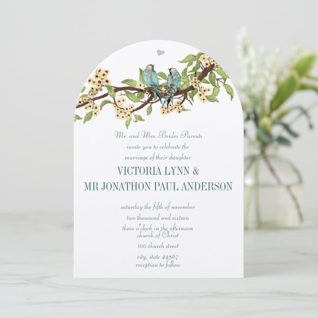 Rustic Love Bird Turquoise Yellow Wedding Invites (Standing Front)