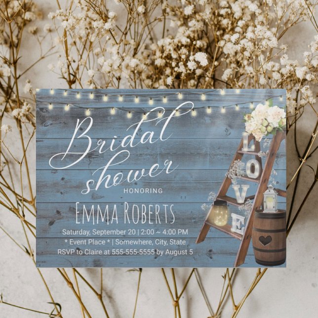 Rustic Love Ladder Dusty Blue Wood Bridal Shower Invitation (Creator Uploaded)