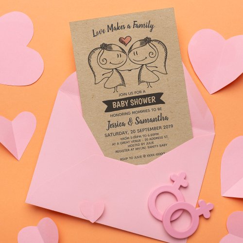 Rustic Love Makes a Family Lesbian Baby Shower Invitation