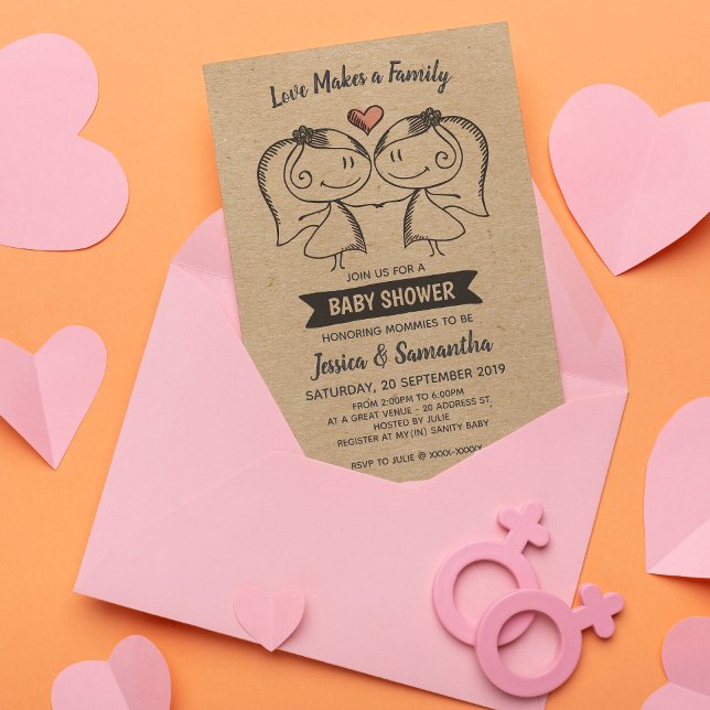 Rustic Love Makes a Family Lesbian Baby Shower Invitation ( Set the right mood for your baby shower celebration with this rustic baby shower invitation.)
