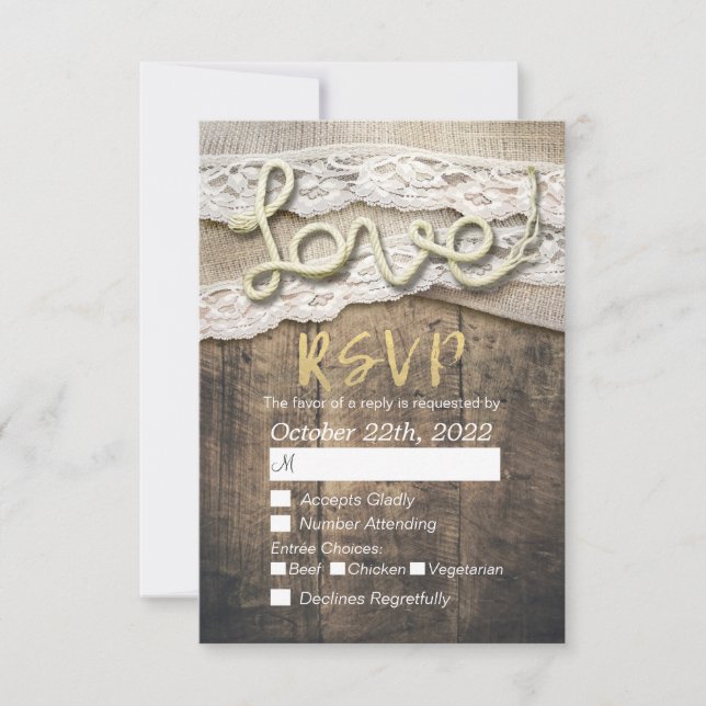 Rustic Love Rope Burlap Lace Wedding RSVP Reply (Front)