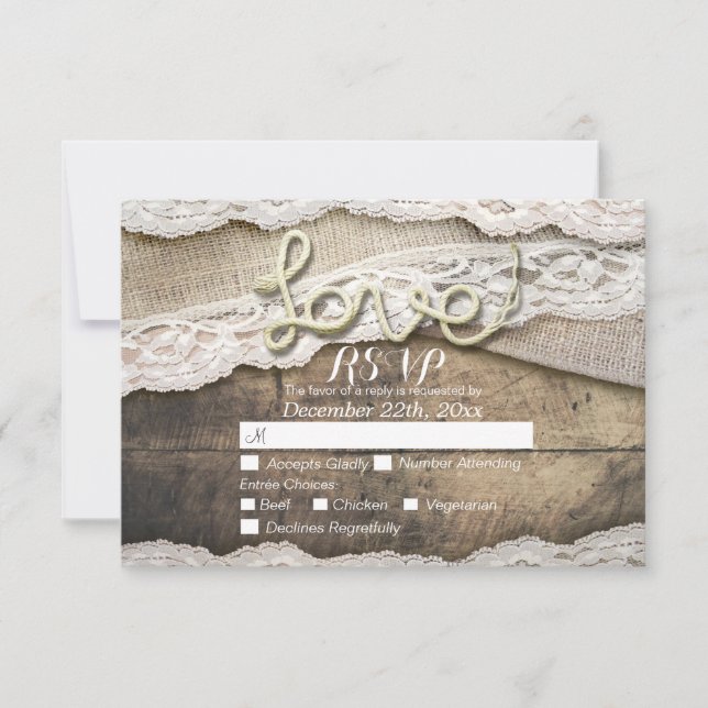 Rustic Love Rope Burlap Lace Wedding RSVP Reply Card (Front)