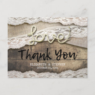Rustic Love Rope Burlap Lace Wedding Thank You Postcard