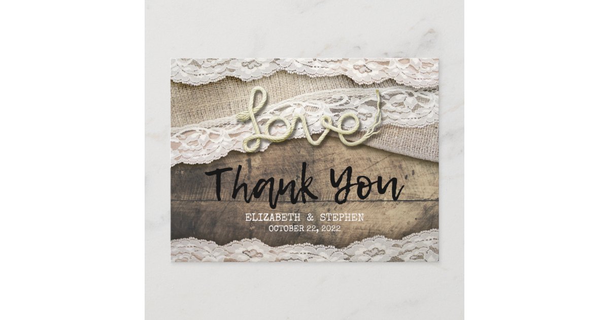 Rustic Love Rope Burlap Lace Wedding Thank You Postcard | Zazzle