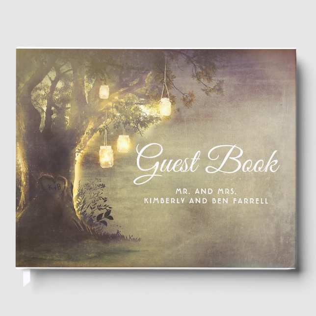 Rustic Love Tree and Mason Jar Lights Wedding Guest Book (Front)