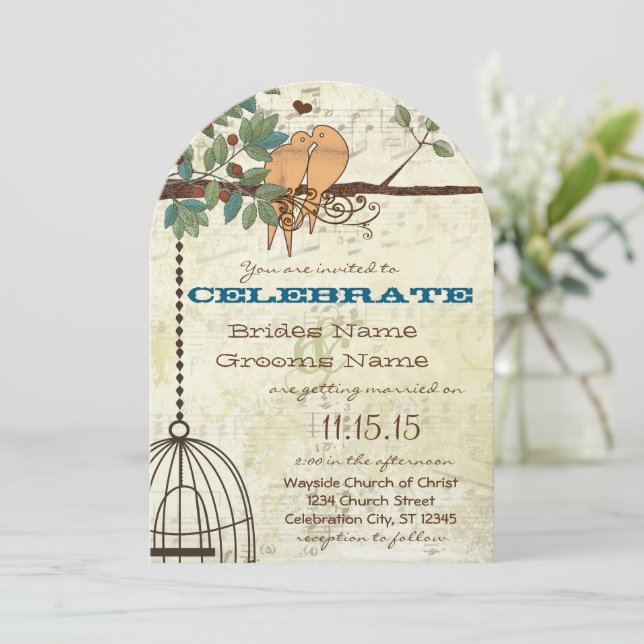 Rustic Lovebirds Sitting In A Tree Wedding Invitation (Standing Front)