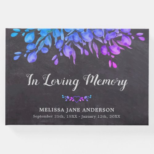 Rustic Loving Memory Botanical Memorial Funeral Guest Book - Rustic Chalkboard Eucalyptus Memorial Sympathy Funeral Guest Book. This funeral guest book feature a modern eucalyptus greenery in a purple blue pink, name and dates, on a rustic chalkboard slate design. Personalize the spine with message and name. This modern elegant botanical greenery guest book is perfect keepsake for memorial service, celebration of life and funeral . COPYRIGHT © 2020 Judy Burrows, Black Dog Art - All Rights Reserved. Rustic Loving Memory Botanical Memorial Funeral Guest Book