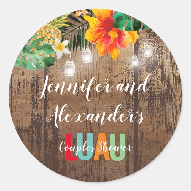 Rustic LUAU Couples Shower Party Classic Round Sticker (Front)