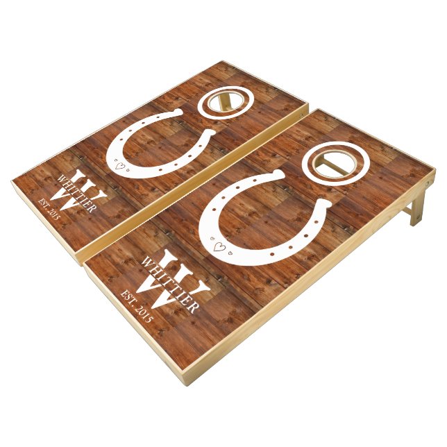  Rustic Lucky Horse Shoe Dark Wood Bean Bag  Cornhole Set (Angled)