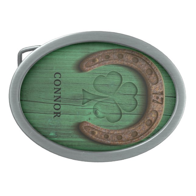 Rustic Lucky Horse Shoe Irish Personalized Belt Buckle (Front)