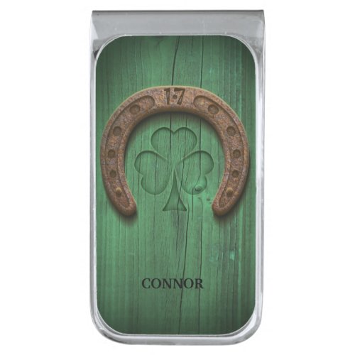 Rustic Lucky Horse Shoe Irish Personalized Silver  Silver Finish Money Clip