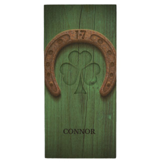 Rustic Lucky Horse Shoe Irish Personalized Wood Flash Drive