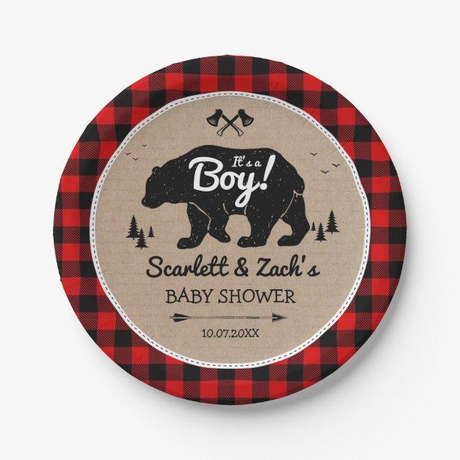 Rustic Lumberjack Bear Boy Baby Shower Paper Plates (Front)