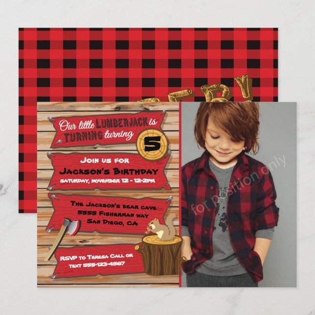 Rustic Lumberjack Birthday Party with Photo Invitation (Front/Back)